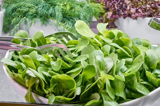 healthy meal with leafy greens and fruits